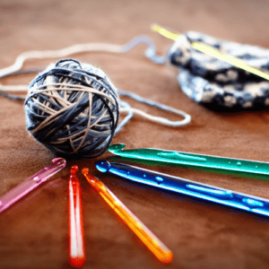 set of crochet hooks in rainbow colors laying next to a ball of blue yarn